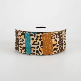 1.5" Fall Cheetah Stripes Ribbon: Teal, Brown (10 Yards)