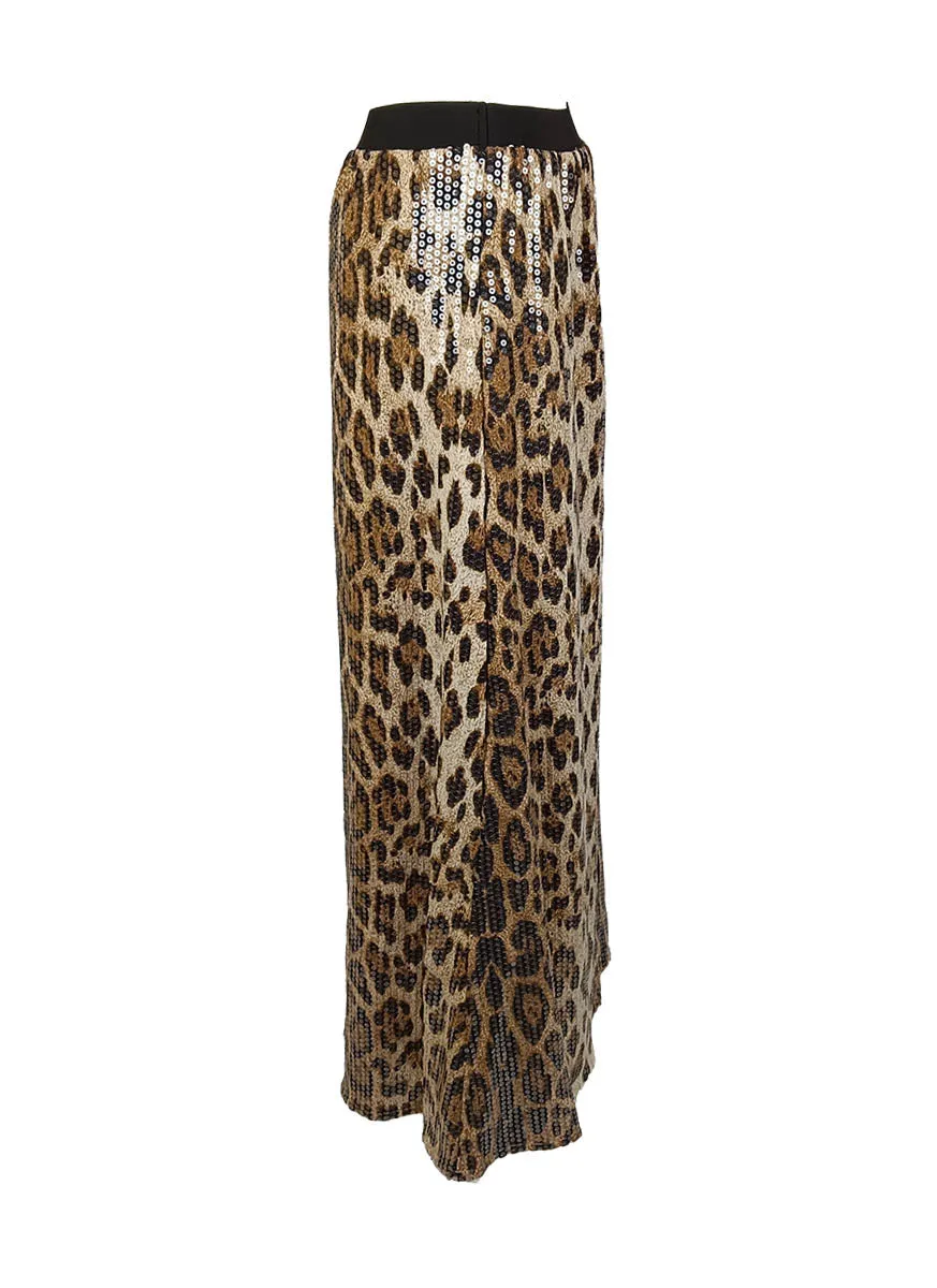 9240021 Leopard Sequined Long Skirt