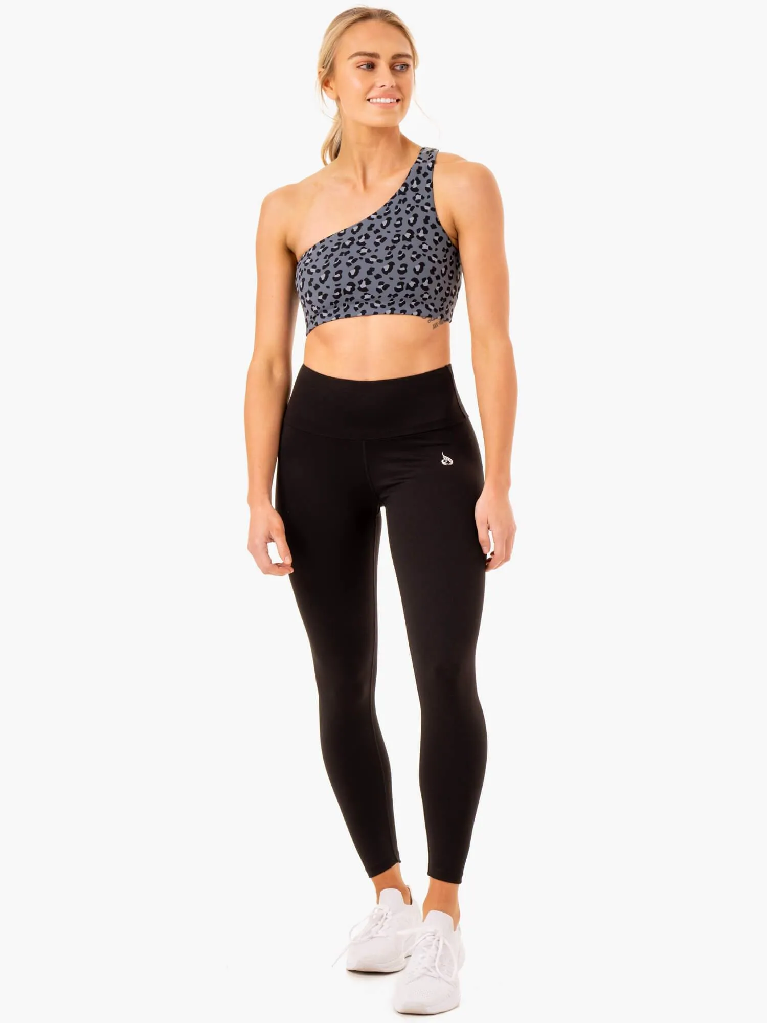 Adapt One Shoulder Sports Bra - Steel Blue Leopard