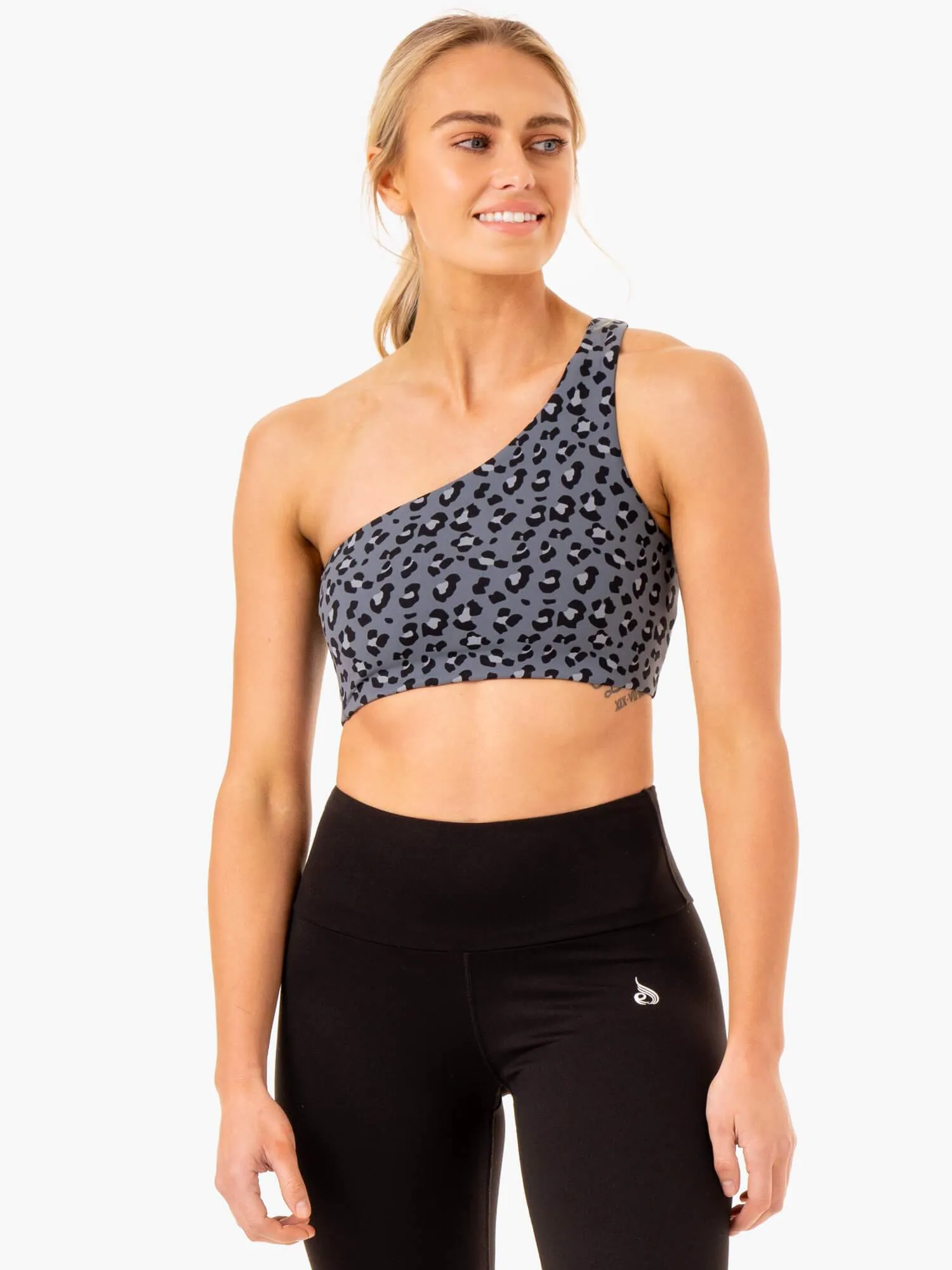 Adapt One Shoulder Sports Bra - Steel Blue Leopard