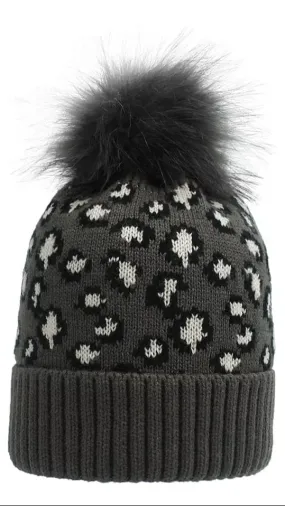 Adult Leopard Beanie - Charcoal