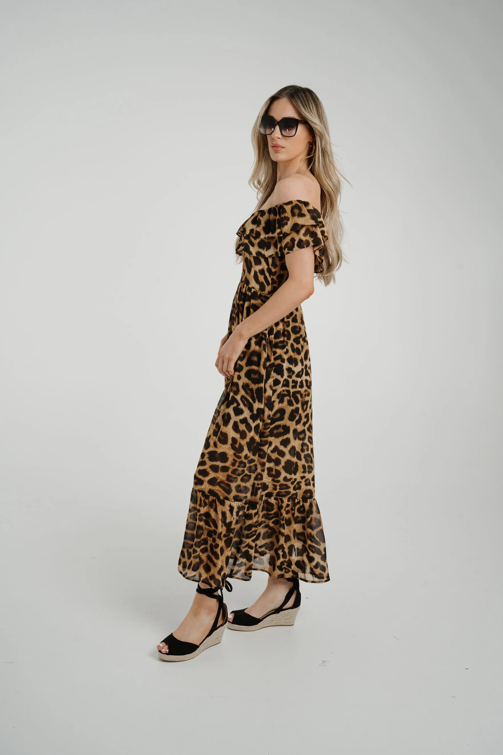 Ally Frill Detail Midi Dress In Leopard Print