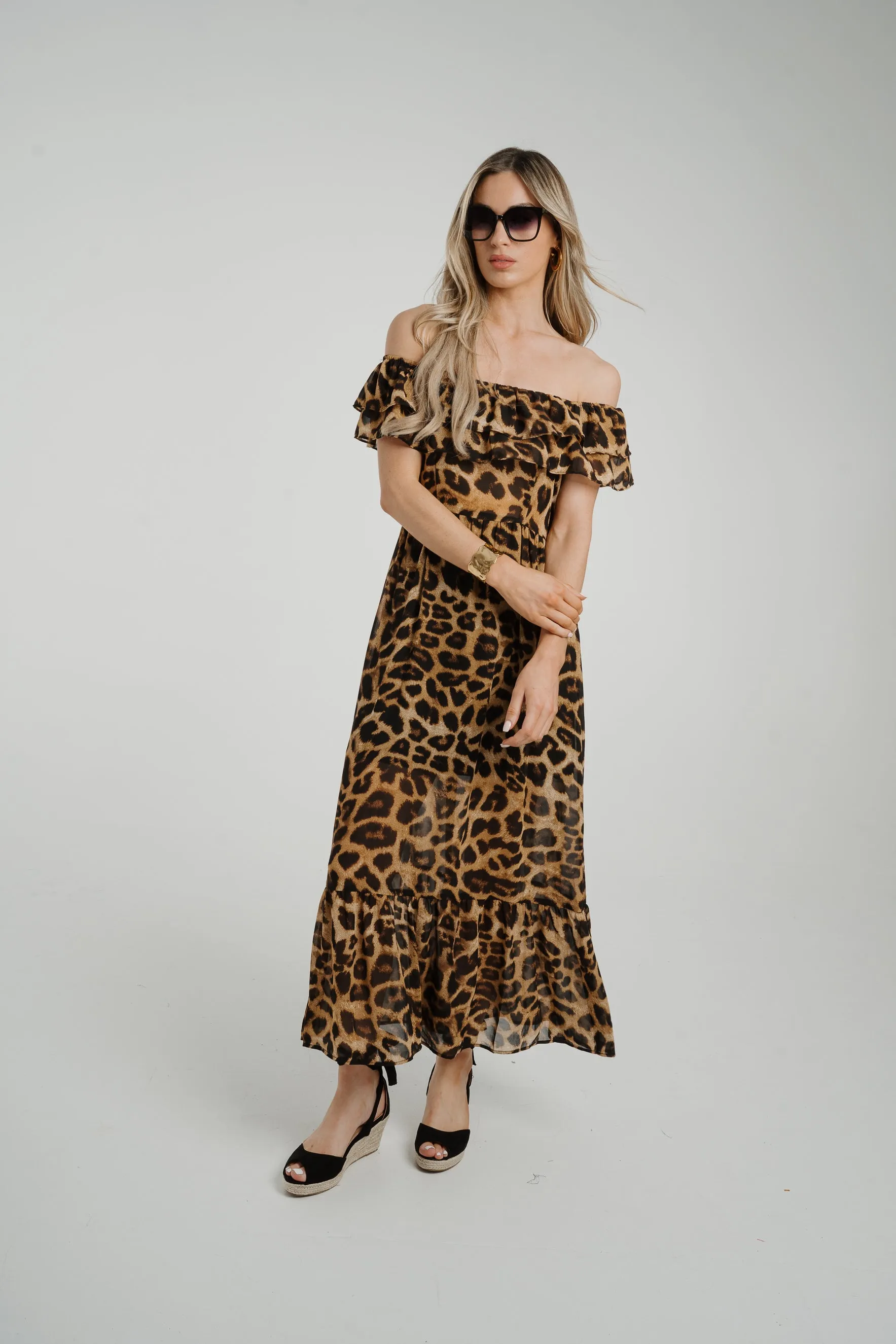 Ally Frill Detail Midi Dress In Leopard Print