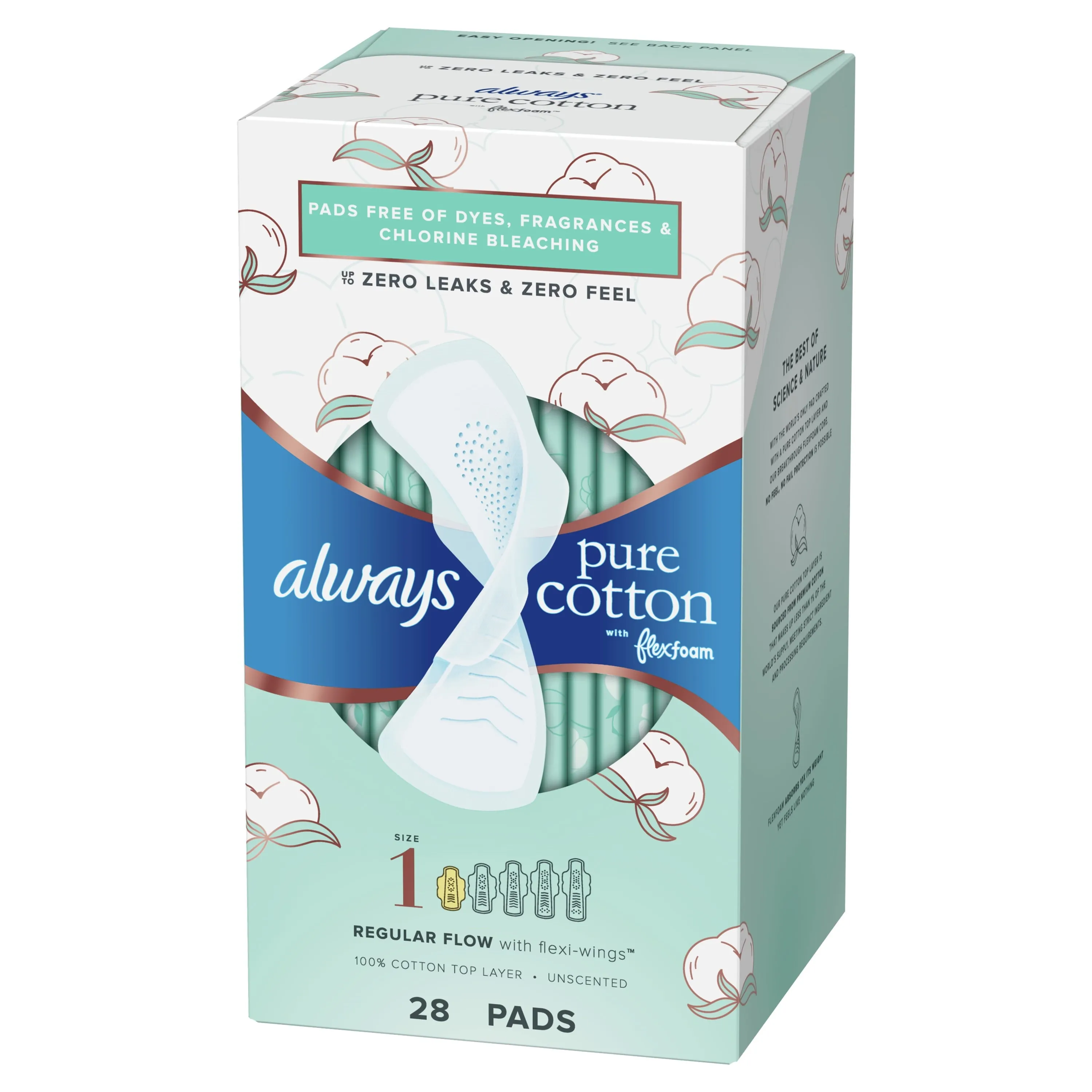 Always Pure Cotton Feminine Pads With Wings, Size 1, Regular Absorbency, 28 CT