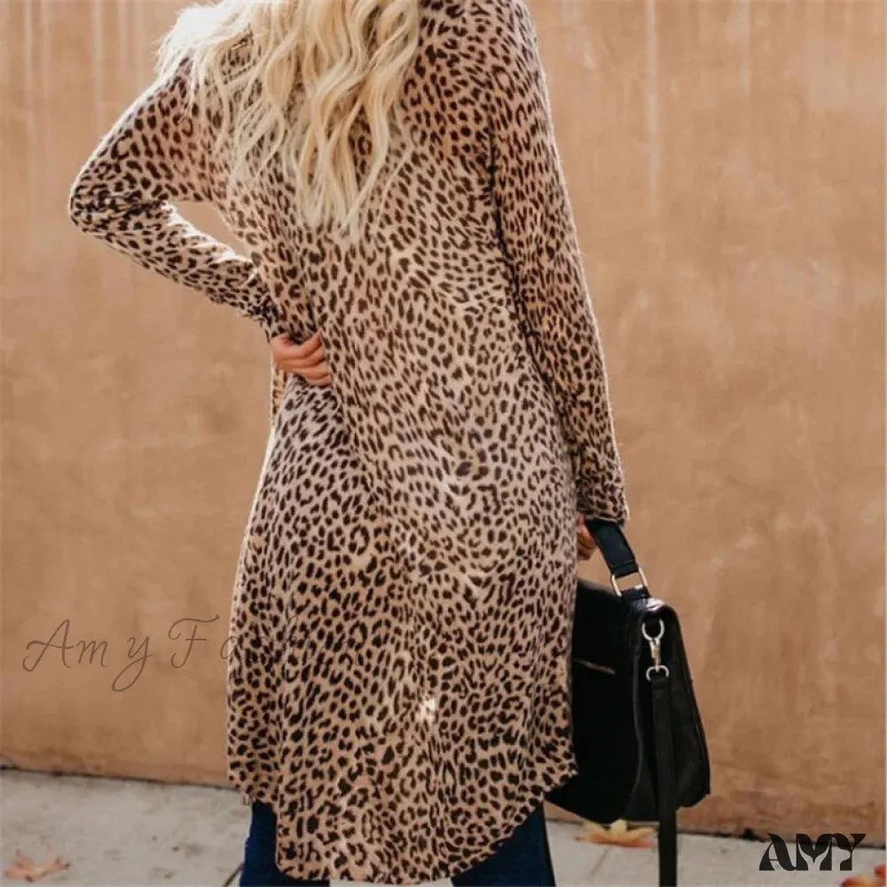 Amy Fashion - Women Cardigan Long Sleeve Leopard Kimono Shawl Loose Coat