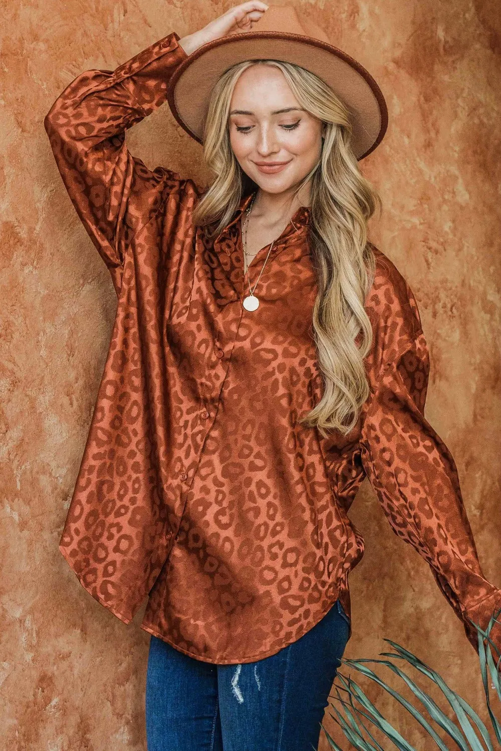 And The Why Satin Leopard Button Up Curved Hem Shirt