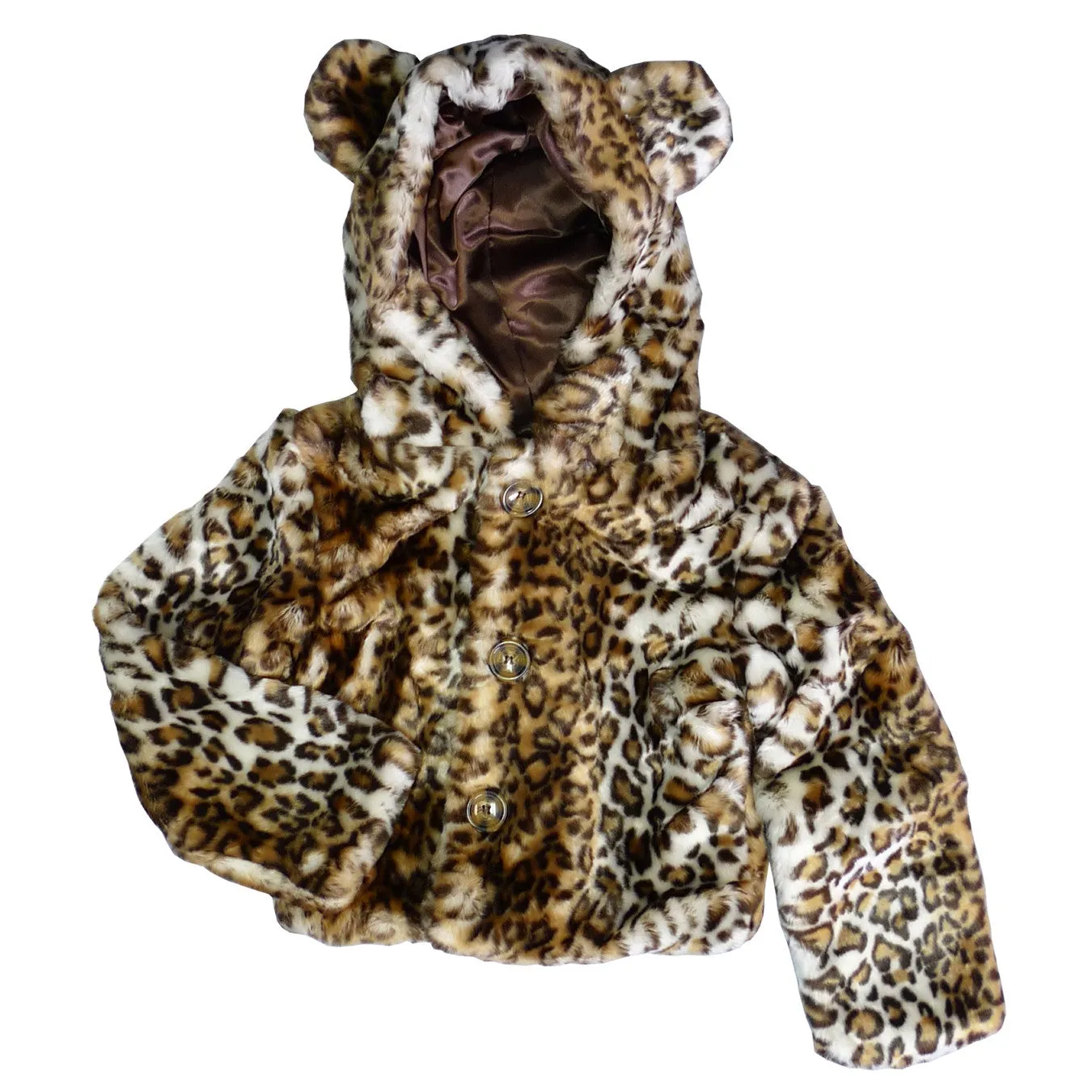 Big Girls Brown Leopard Critter Ears Button Faux Hooded Jacket 6-12