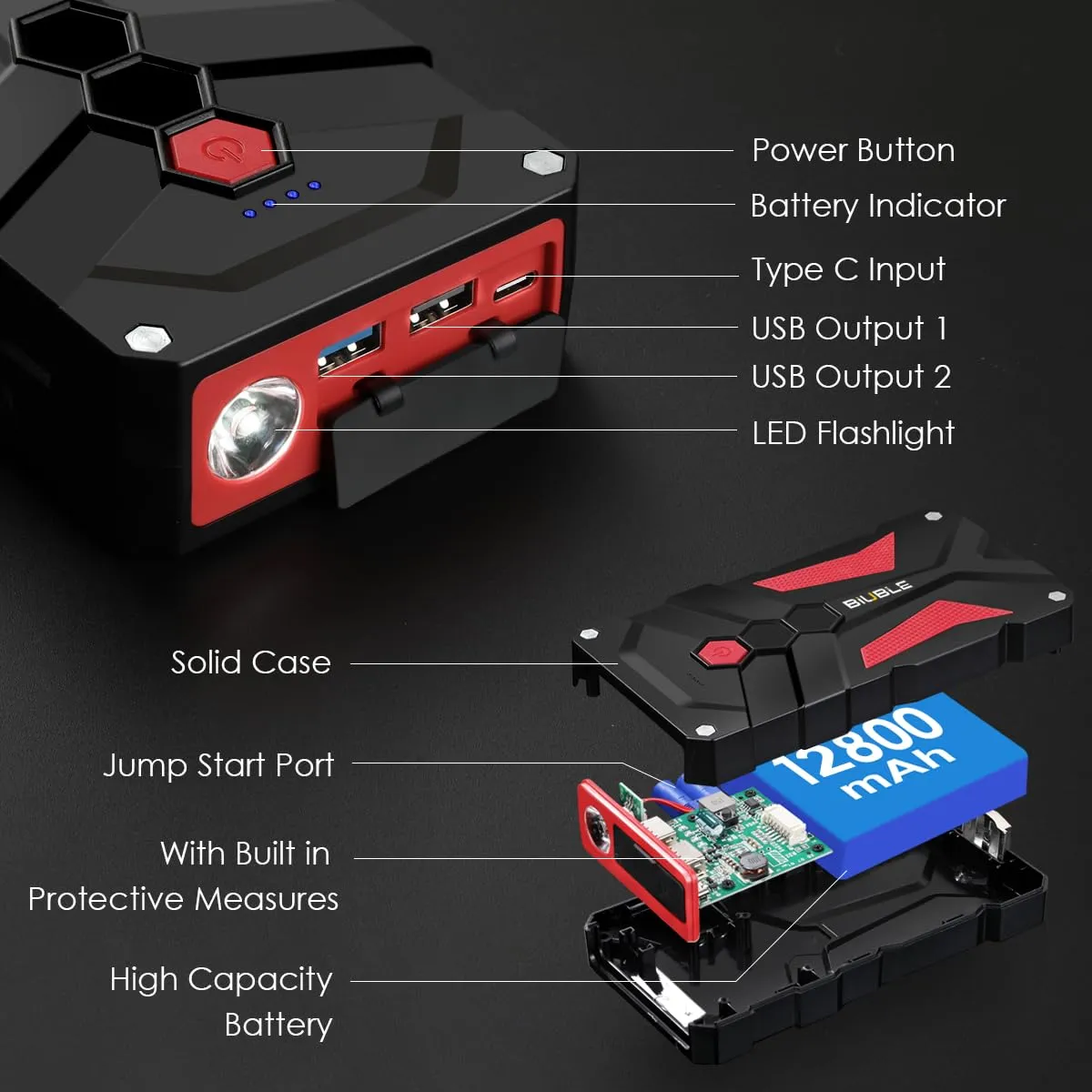 BIUBLE Jump Starter 2000A Peak 12V Car Jump Starter Auto Battery Booster Pack with 2 USB,Lithium Jump Box with LED Light(Up to 7.0L Gas or 5.5L Diesel Engine)