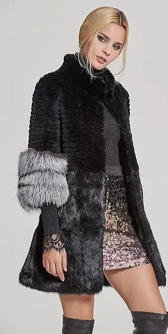 Black & Silver Genuine Rabbit Fur With Fox Fur Long Sleeve Coat