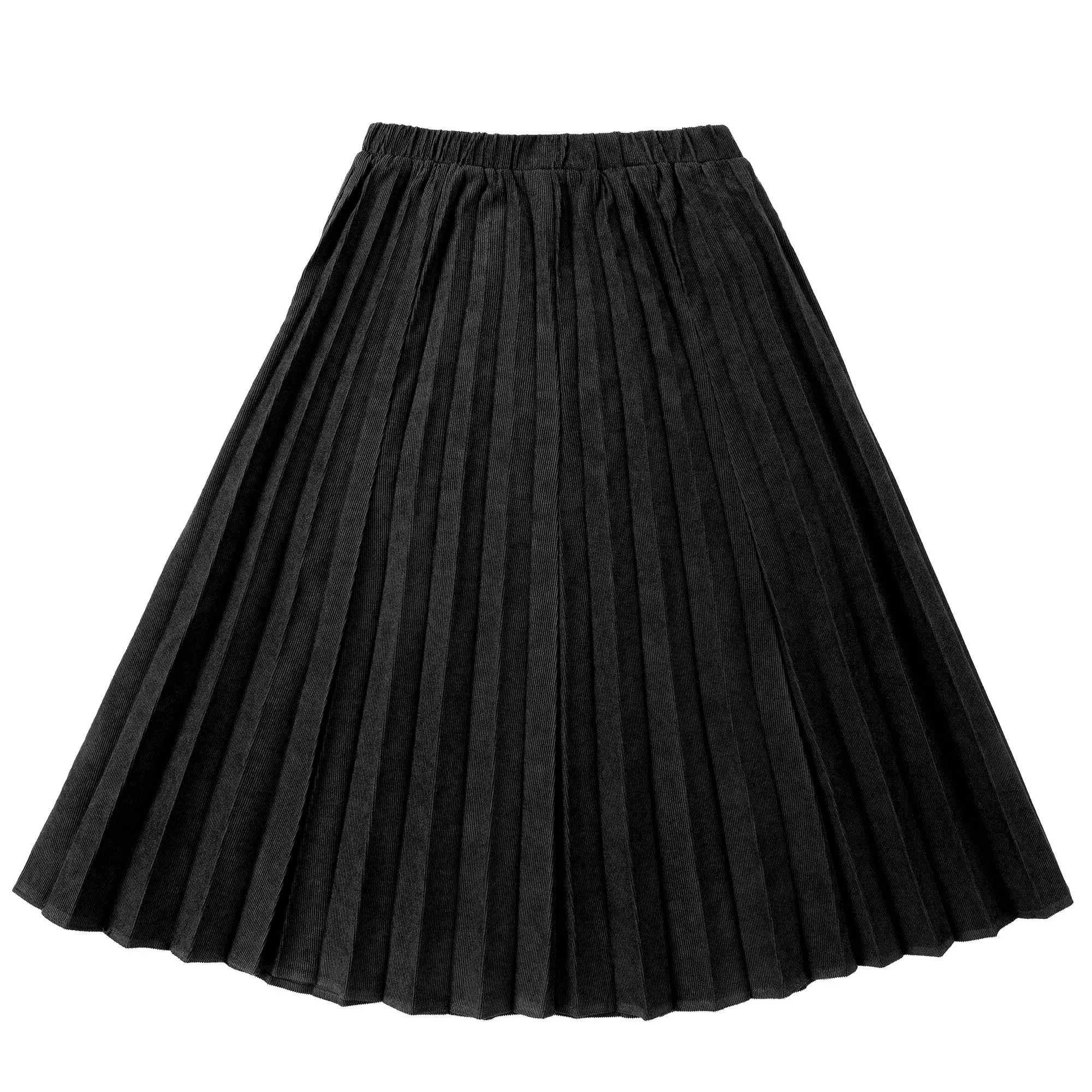 Black Corduroy Midi Sunburst Pleated Skirt