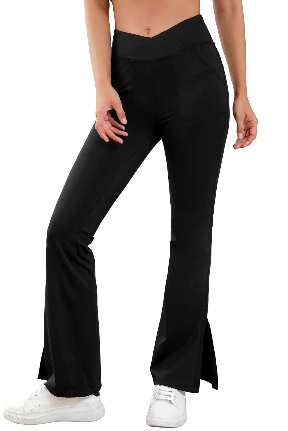 Black Crisscross Waist Flare Leggings with Split Hem and Pockets