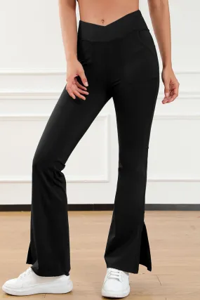 Black Crisscross Waist Flare Leggings with Split Hem and Pockets