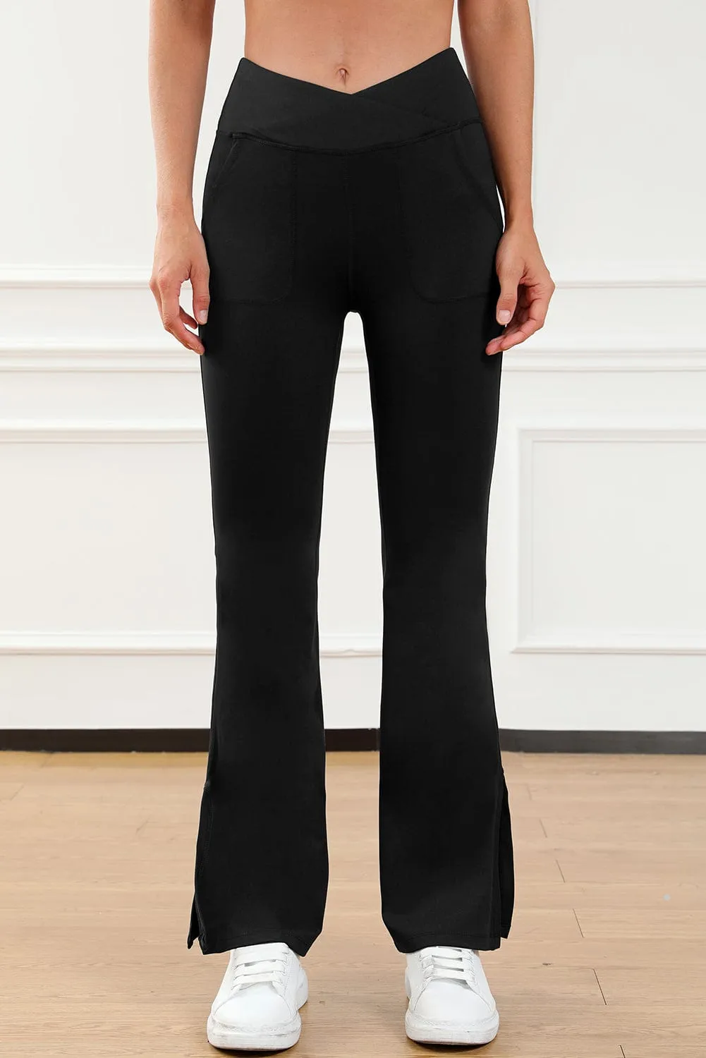 Black Crisscross Waist Flare Leggings with Split Hem and Pockets