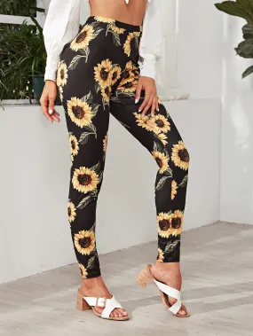 Black Elastic Waist Sunflower Print Leggings