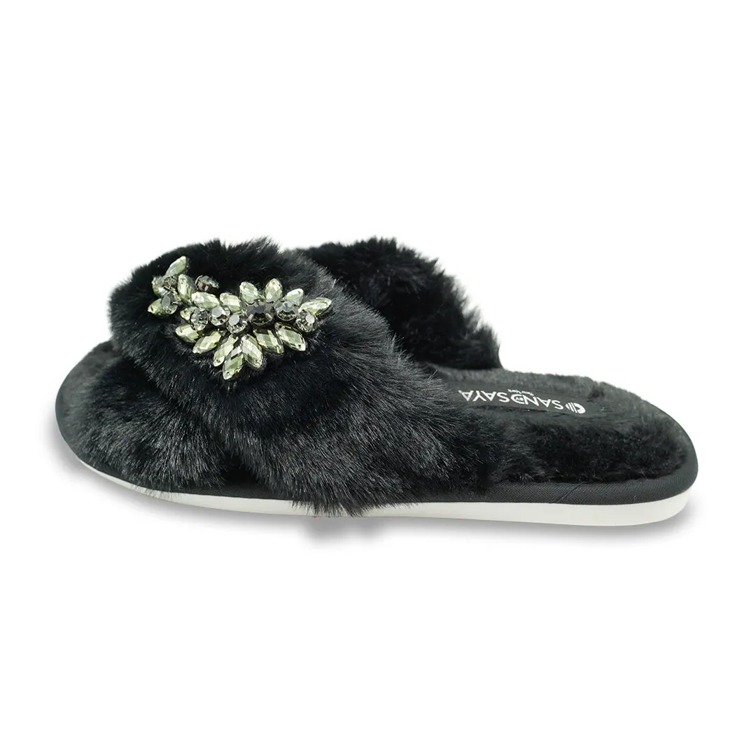 Black Fur Slippers - Black Manhattan Crystal Rhine Stone  Embellished Fluffy Womens Room Shoes