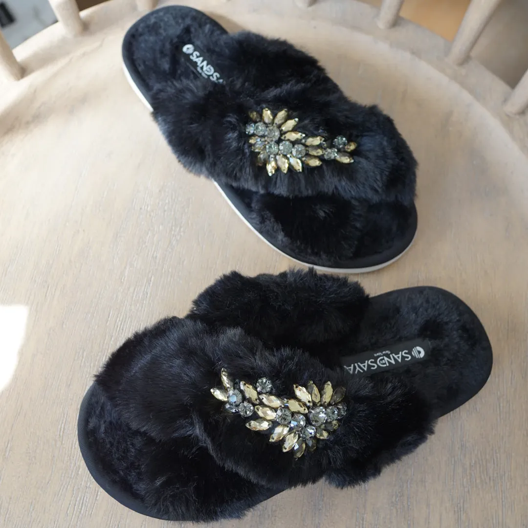 Black Fur Slippers - Black Manhattan Crystal Rhine Stone  Embellished Fluffy Womens Room Shoes