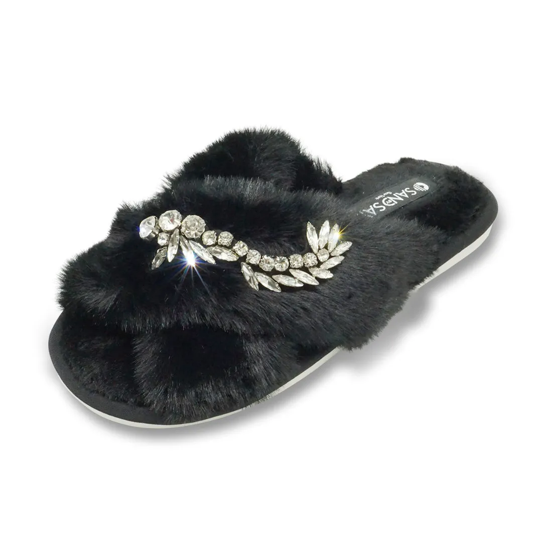 Black Fur Slippers - Nomad Crystal Rhine Stone Embellished Fluffy Womens Room Shoes