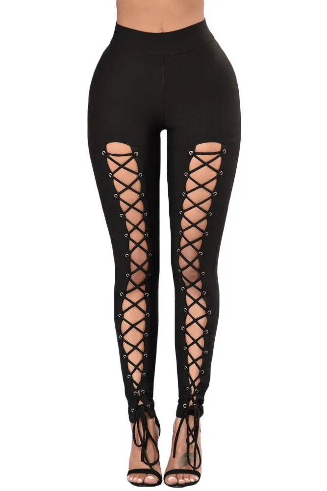 Black Grommet Lace Up Front Leggings