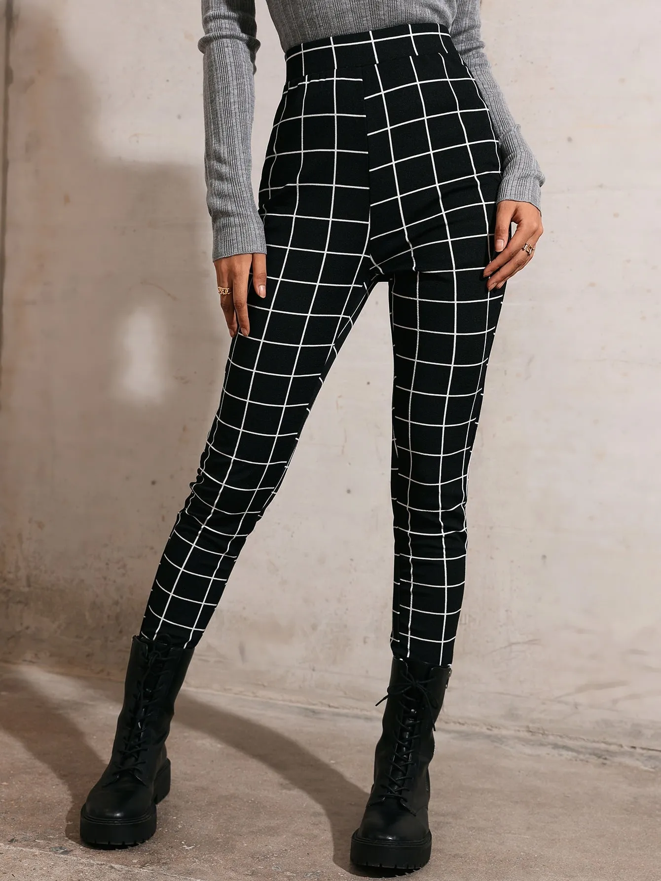 Black High Waist Grid Print Leggings