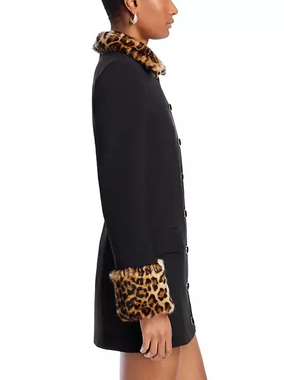 Black Mini Dress with Detachable Leopard Faux-Fur Trim