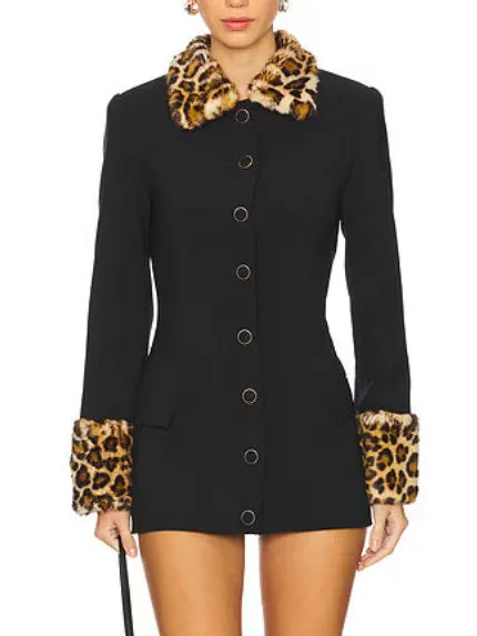 Black Mini Dress with Detachable Leopard Faux-Fur Trim