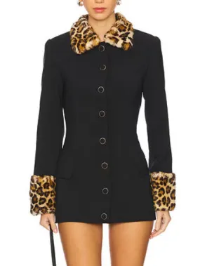 Black Mini Dress with Detachable Leopard Faux-Fur Trim