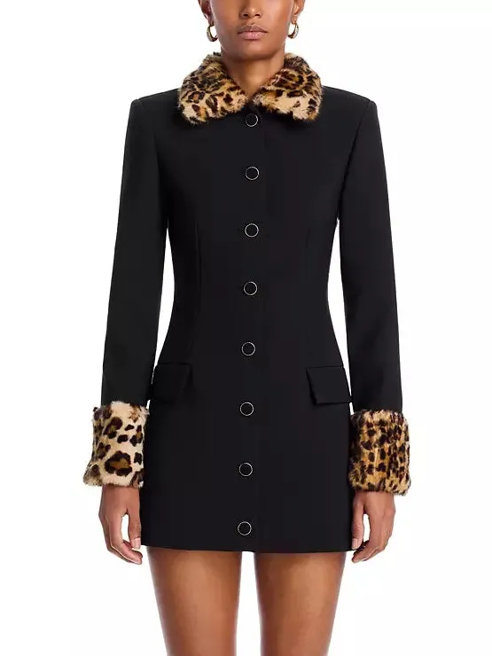 Black Mini Dress with Detachable Leopard Faux-Fur Trim