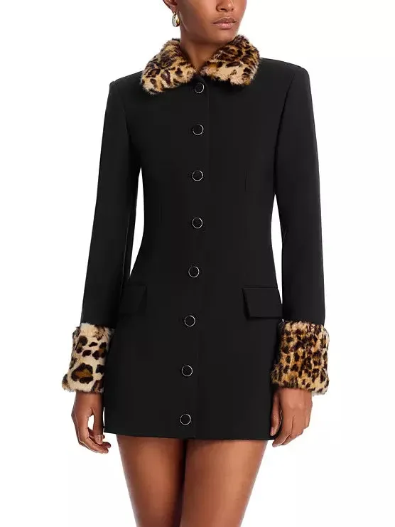 Black Mini Dress with Detachable Leopard Faux-Fur Trim