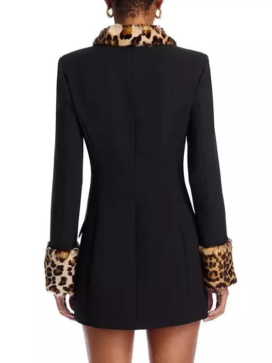 Black Mini Dress with Detachable Leopard Faux-Fur Trim