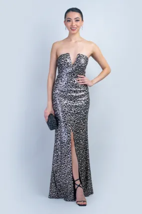 Black Multi Leopard Print Sequin Strapless Gown