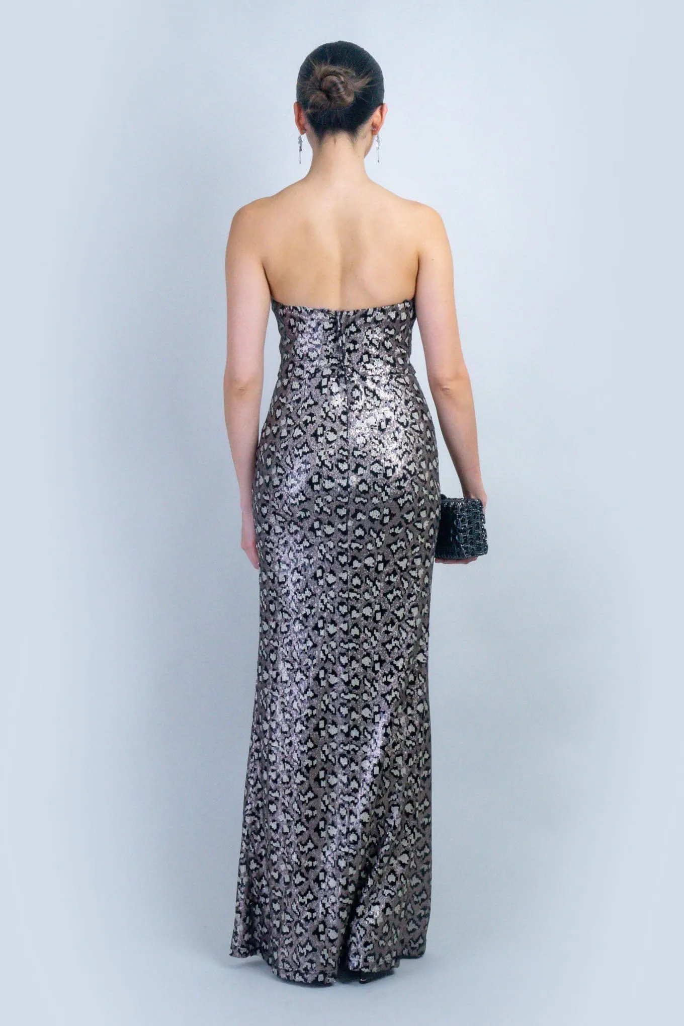 Black Multi Leopard Print Sequin Strapless Gown