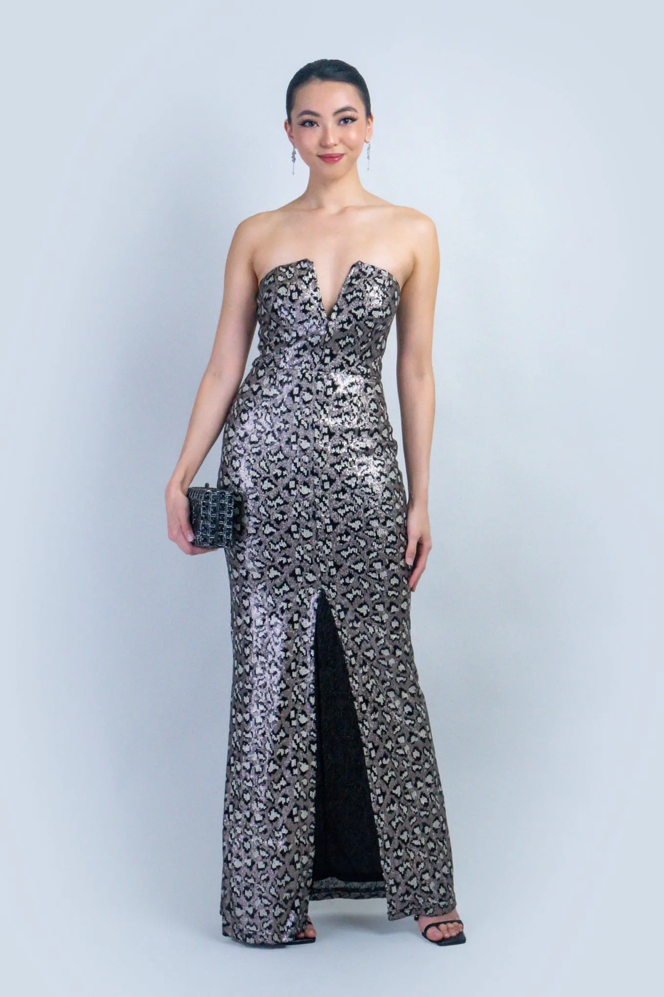 Black Multi Leopard Print Sequin Strapless Gown