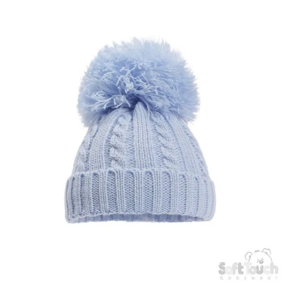 Blue 'Elegance' Cable Knit Hat w/Pom Pom : H652-B-MED