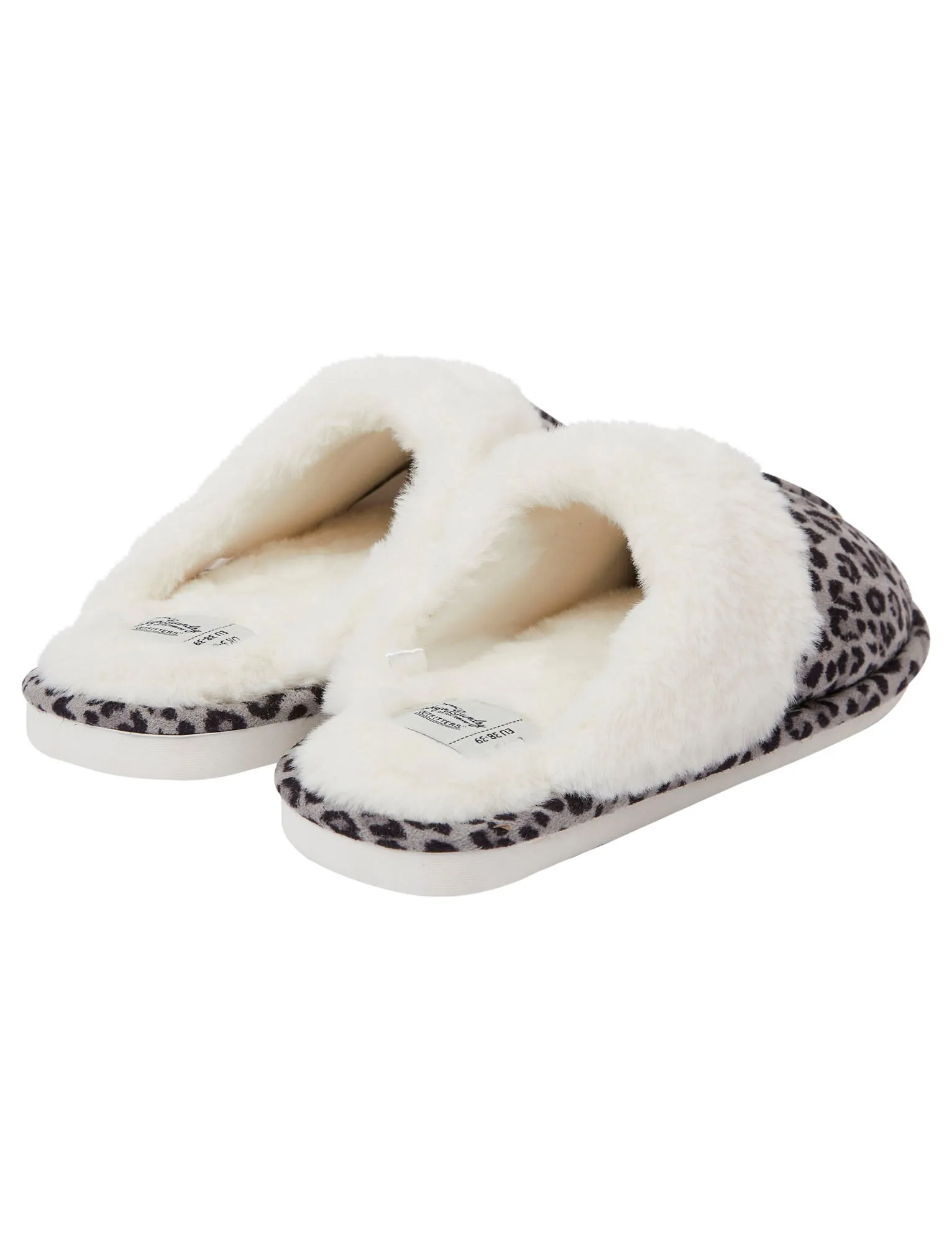 Bogota Faux Suede Mule Slippers with Faux Fur Lining & Trim in Grey Leopard - Tokyo Laundry