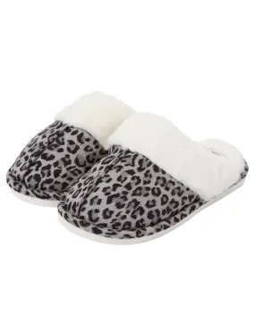 Bogota Faux Suede Mule Slippers with Faux Fur Lining & Trim in Grey Leopard - Tokyo Laundry