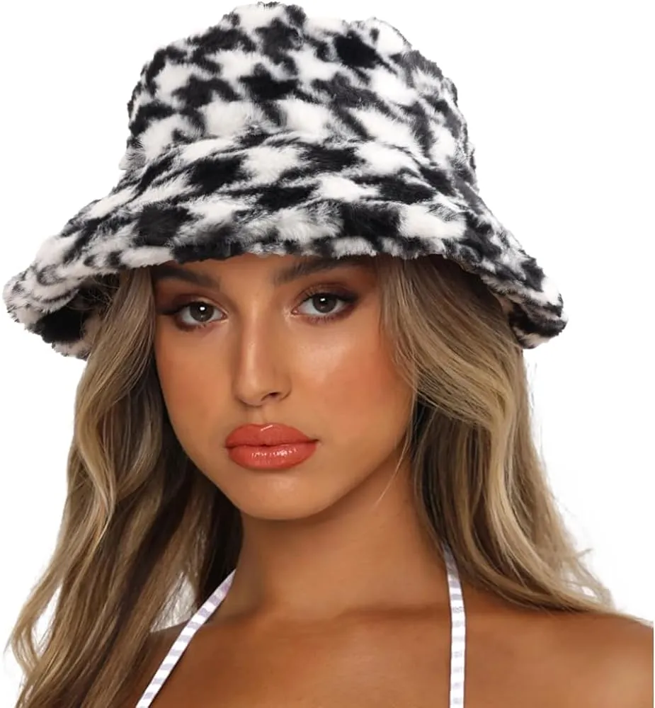 Brown & White Faux Fur Winter Bucket Hat