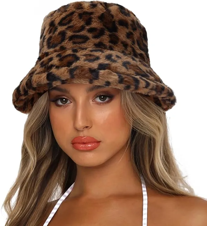 Brown & White Faux Fur Winter Bucket Hat