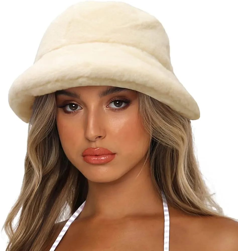 Brown & White Faux Fur Winter Bucket Hat