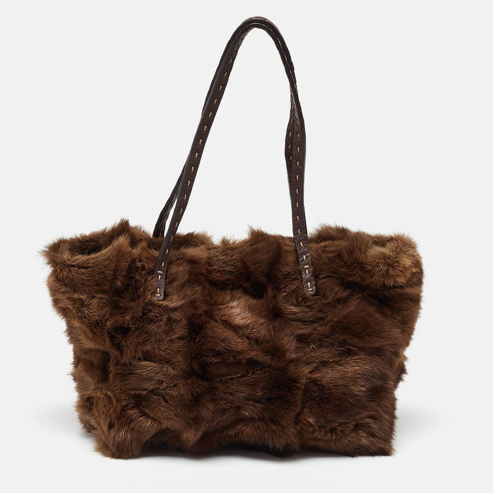 Brown Mink Fur and Leather Selleria Tote