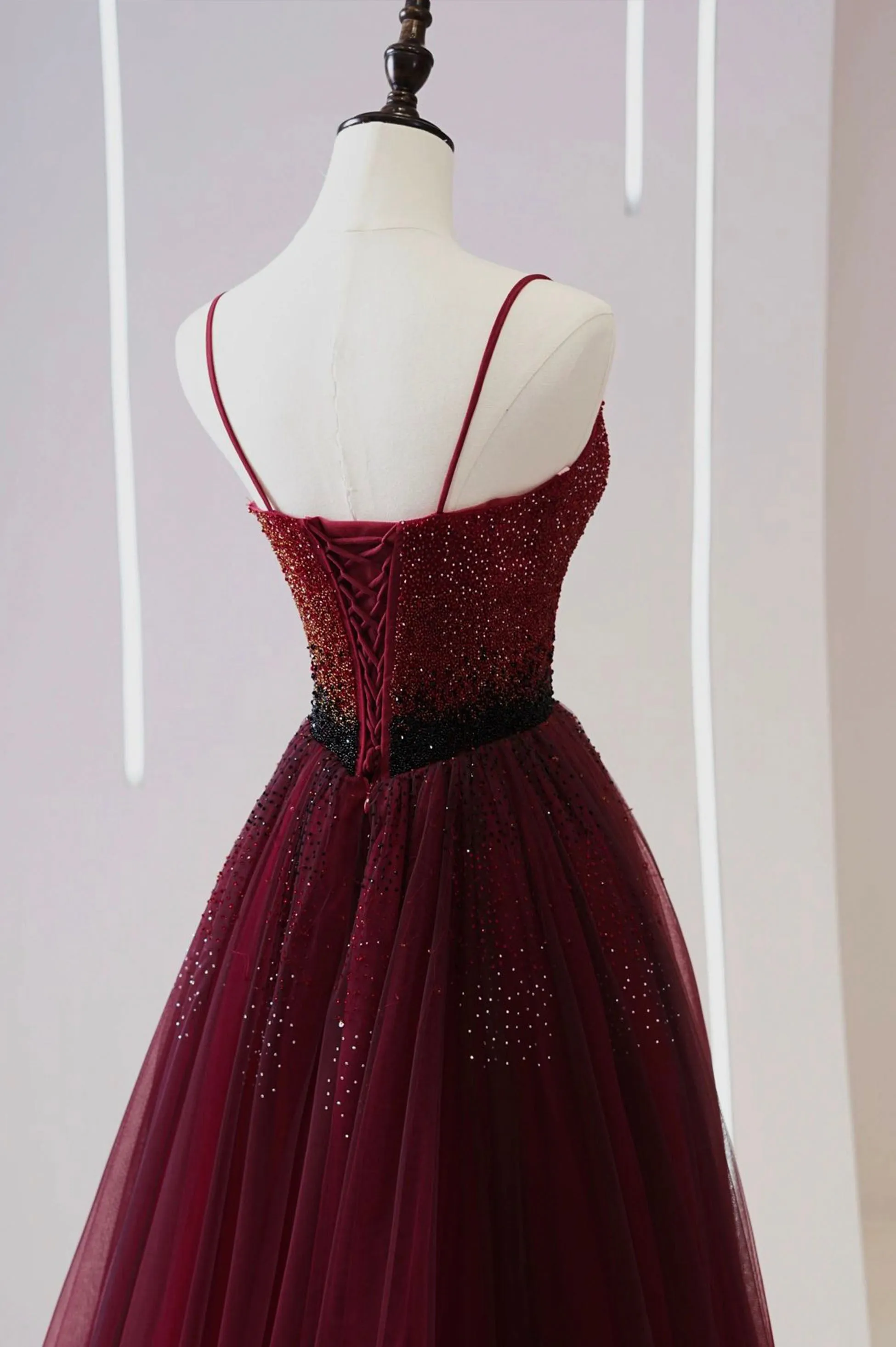 Burgundy Tulle Long Prom Dress with Beaded, Spaghetti Straps Evening Dress