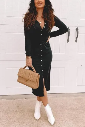 Button Twist Waist Long Sleeve Dress