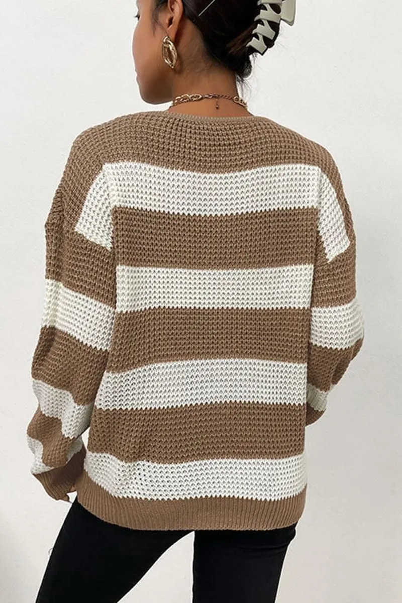 CASUAL STRIPE WAFFLE KNIT SWEATER