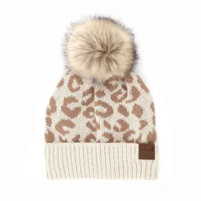 C.C ANIMAL PRINT BEANIE WITH POM (BEIGE)