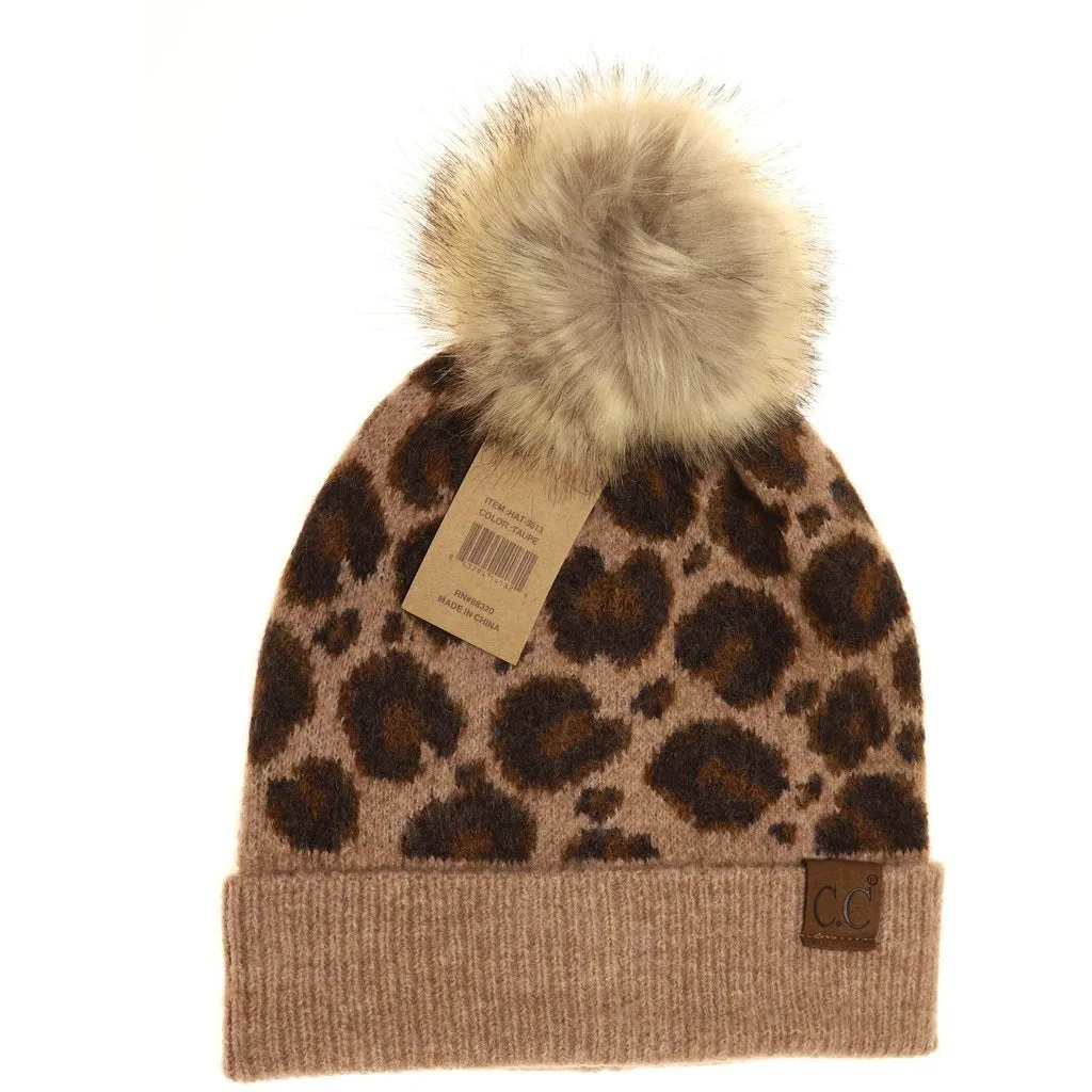 CC Beanie Leopard Pattern Faux Fur Pom Pom Beanie