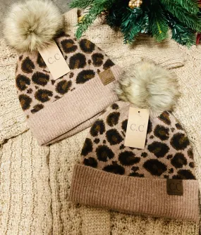 CC Beanie Leopard Pattern Faux Fur Pom Pom Beanie