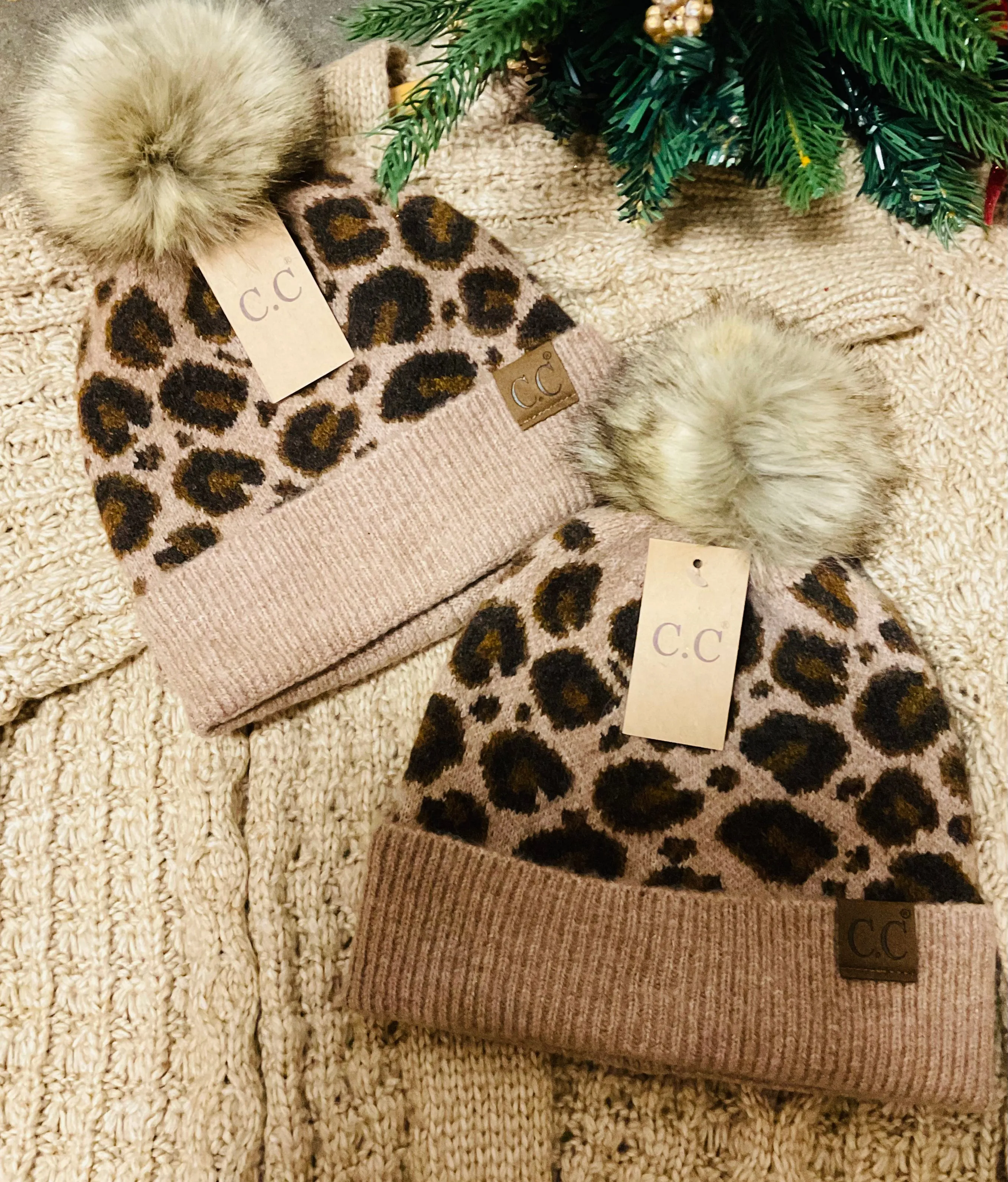 CC Beanie Leopard Pattern Faux Fur Pom Pom Beanie