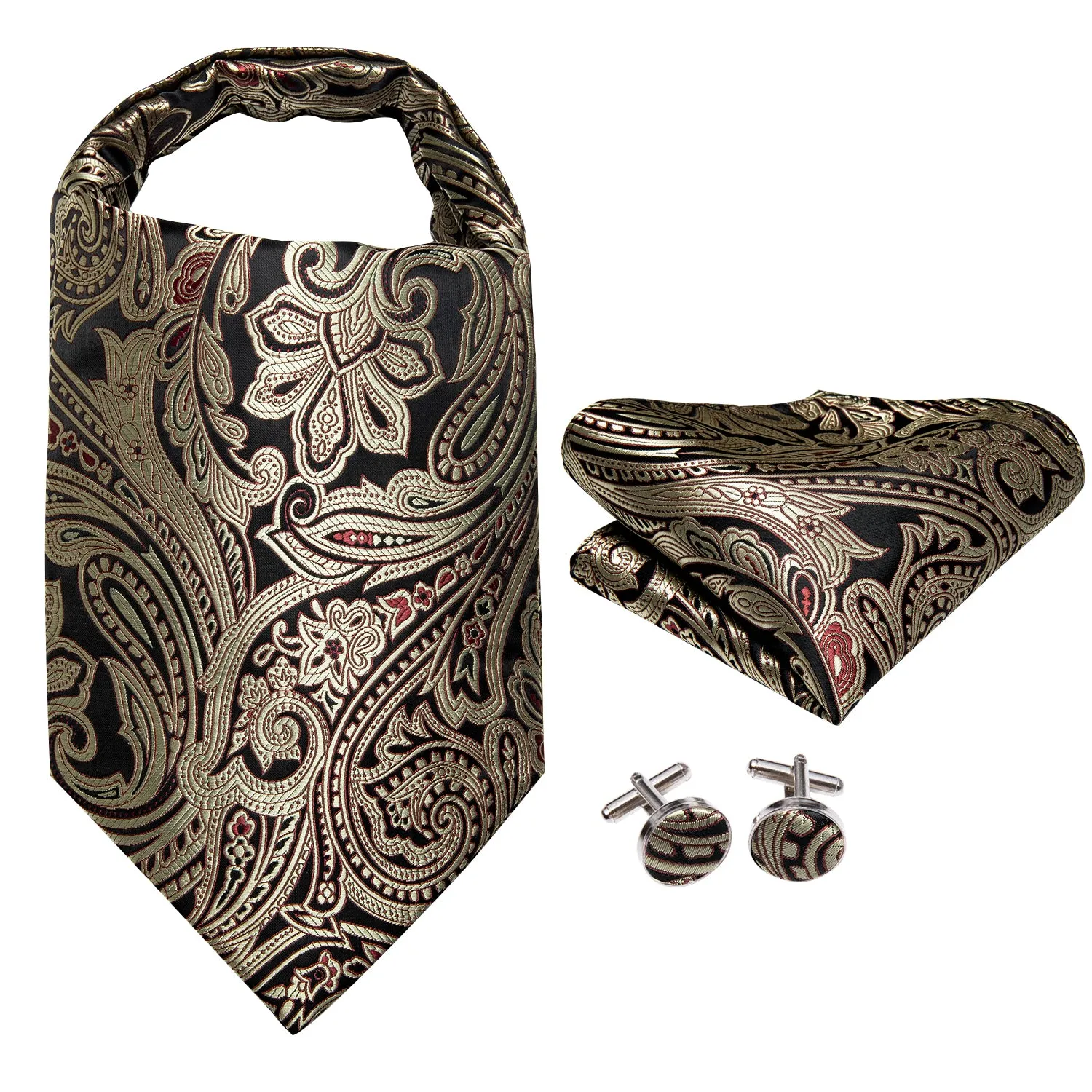 Champagne Black Floral Silk Ascot Tie Pocket Square Cufflinks Set