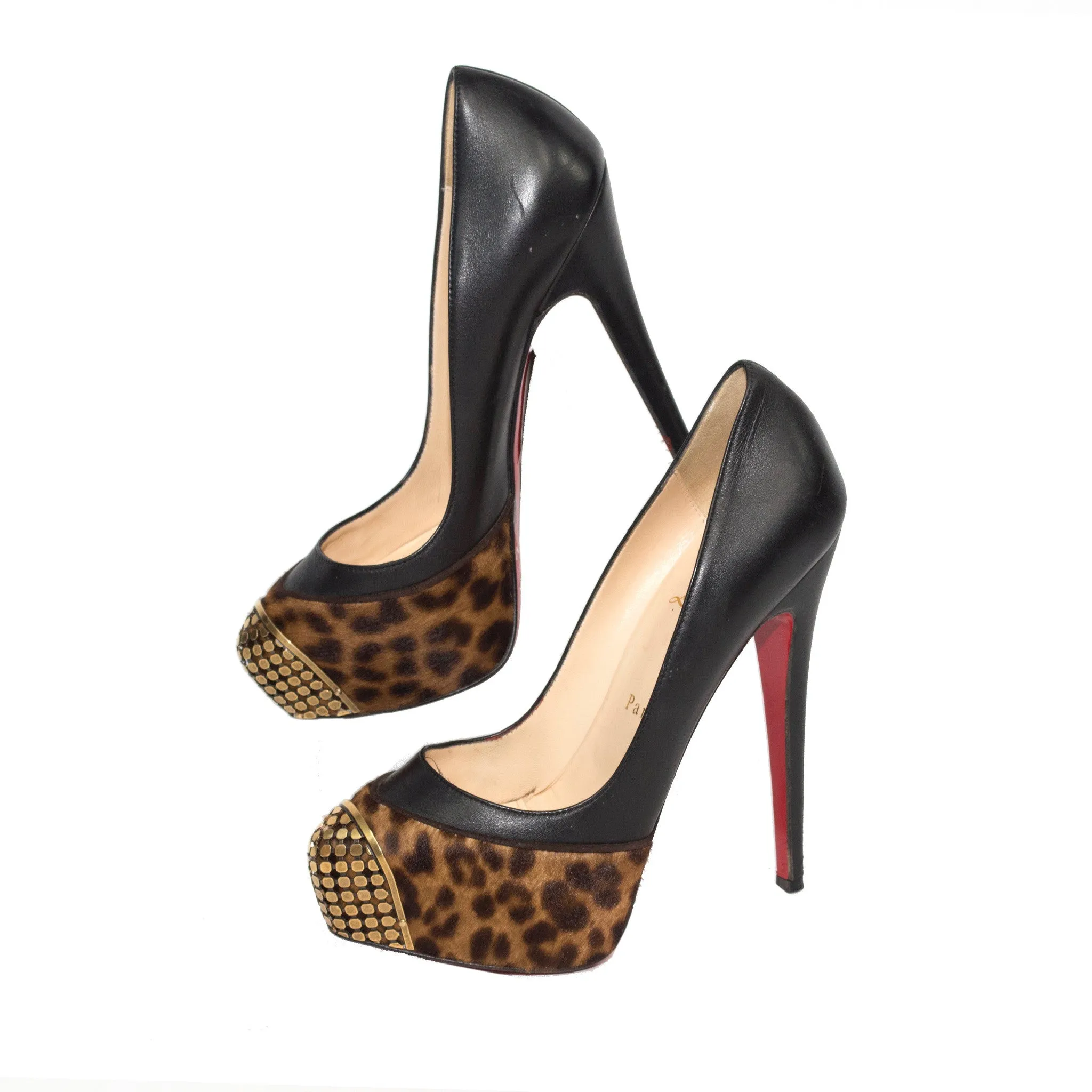 Christian Louboutin Gold Metal Cap Heel with Leopard Faux Print Fur