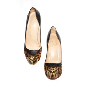 Christian Louboutin Gold Metal Cap Heel with Leopard Faux Print Fur