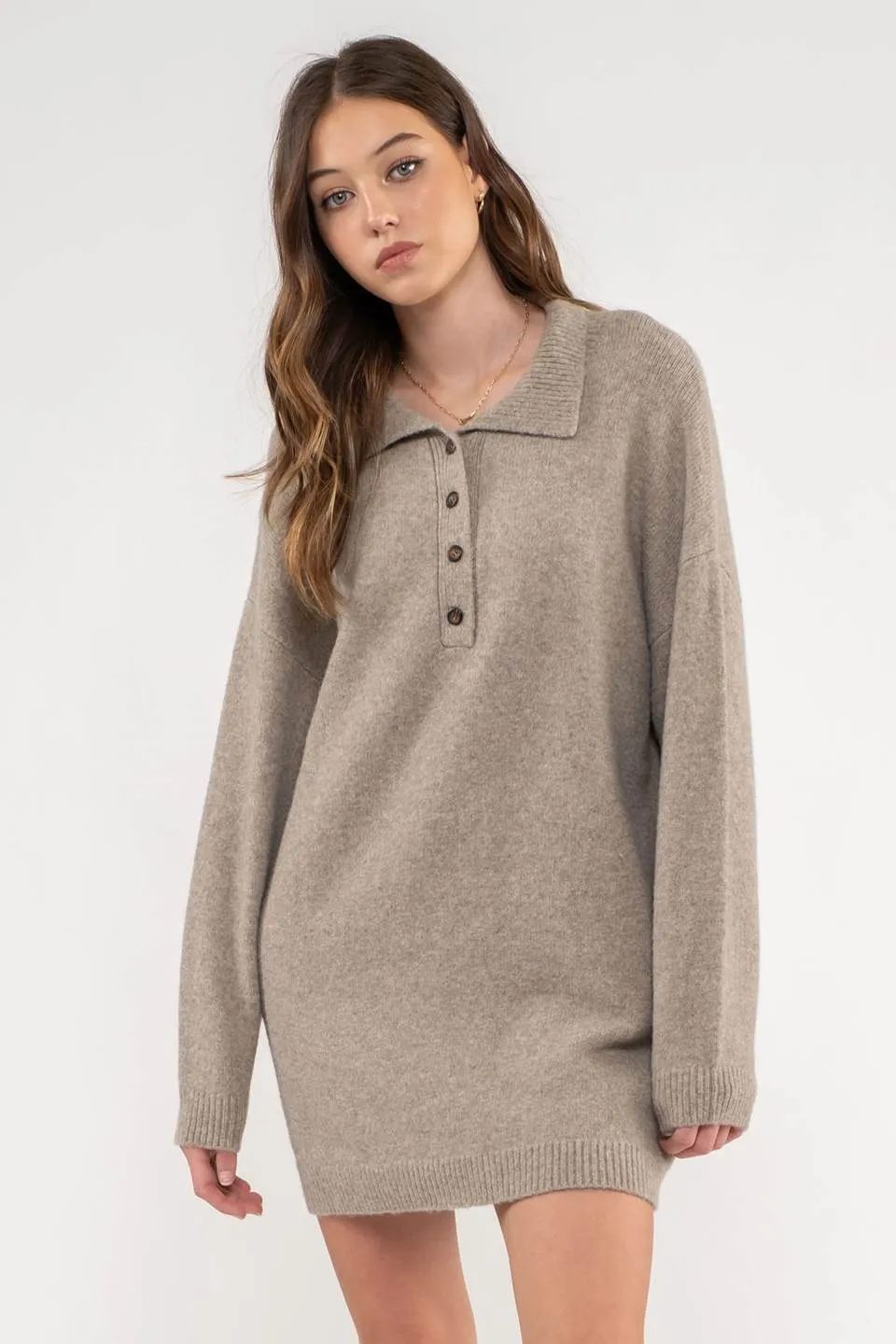 COLLARED DROP SHOULDER MINI SWEATER DRESS